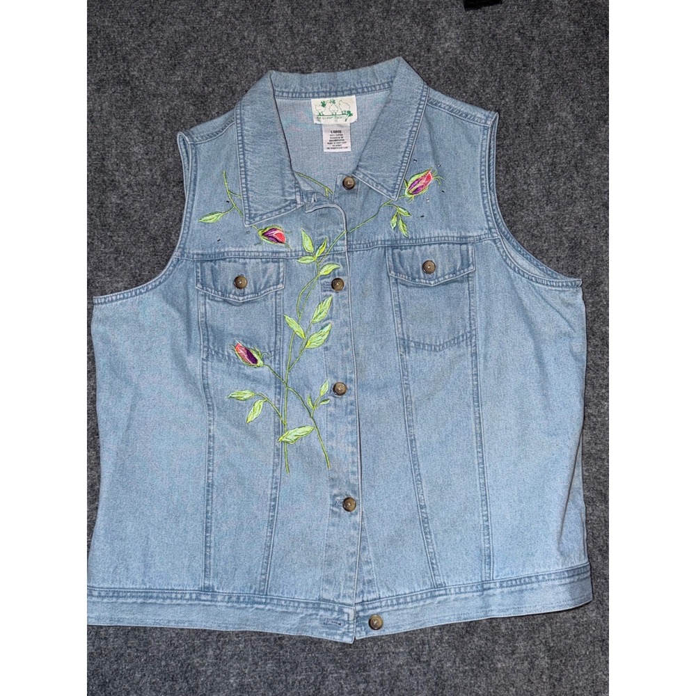 The Quacker Factory Denim Vest Light Wash Floral Embroidered Rosebud Blue Large